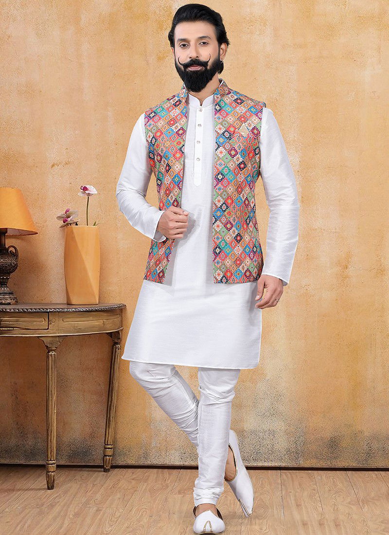 Multi And White Exclusive Designer Party Wear Kurta Pajama With Jacket Collection 1266